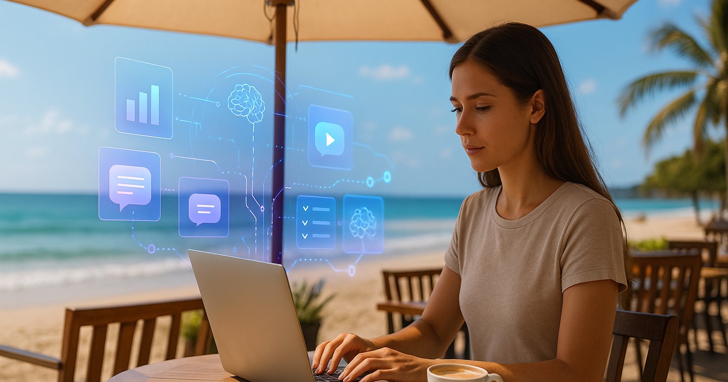 Freelancer working at beach cafe with AI tools 2025